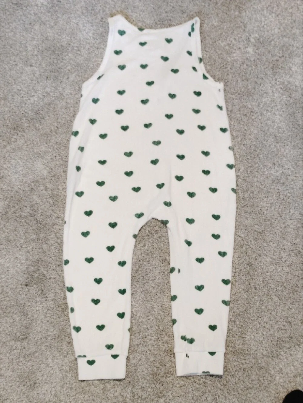 Hugo Loves Tiki White Sleeveless Terry Romper with Green Heart Print